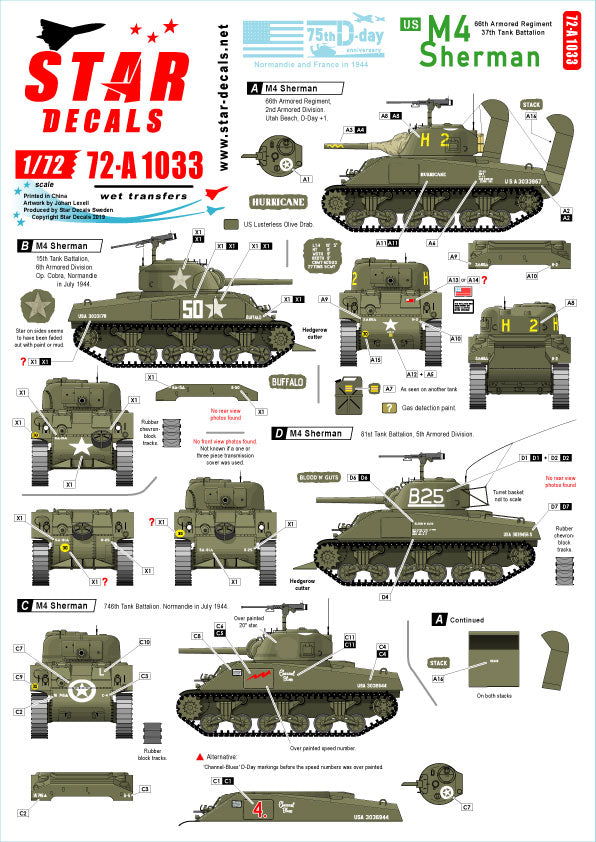 Star Decals 72-A1033 1:72 US M4 Sherman