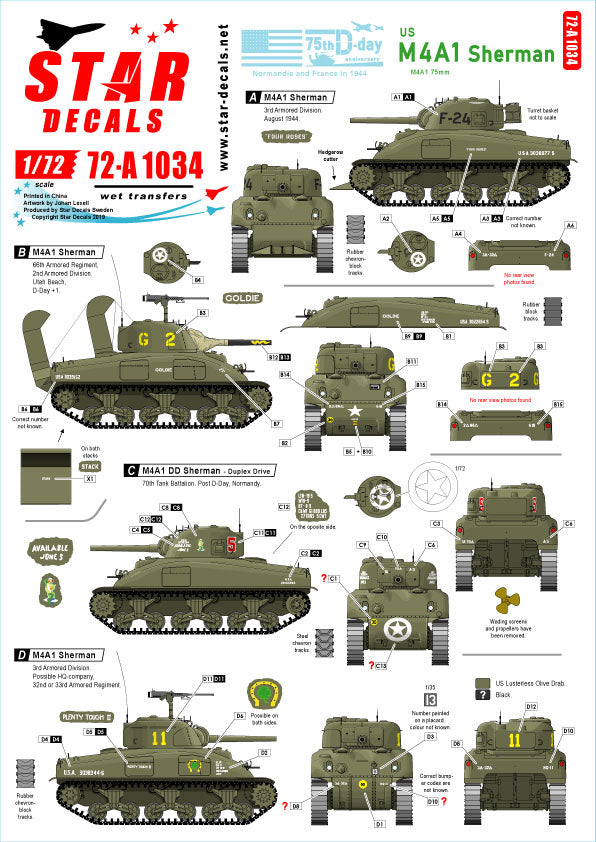Star Decals 72-A1034 1:72 US M4A1 Sherman