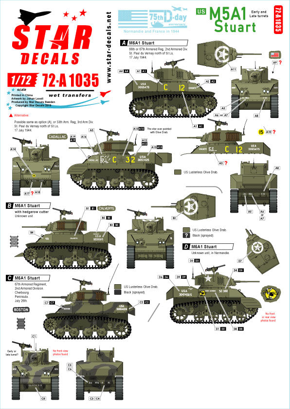 Star Decals 72-A1035 1:72 US M5A1 Stuart
