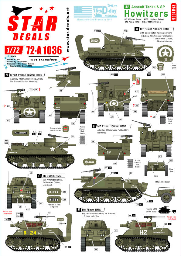 Star Decals 72-A1036 1:72 US Assault Tanks & S.P