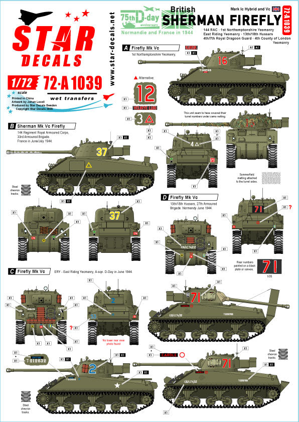 Star Decals 72-A1039 1:72 British Sherman Firefly