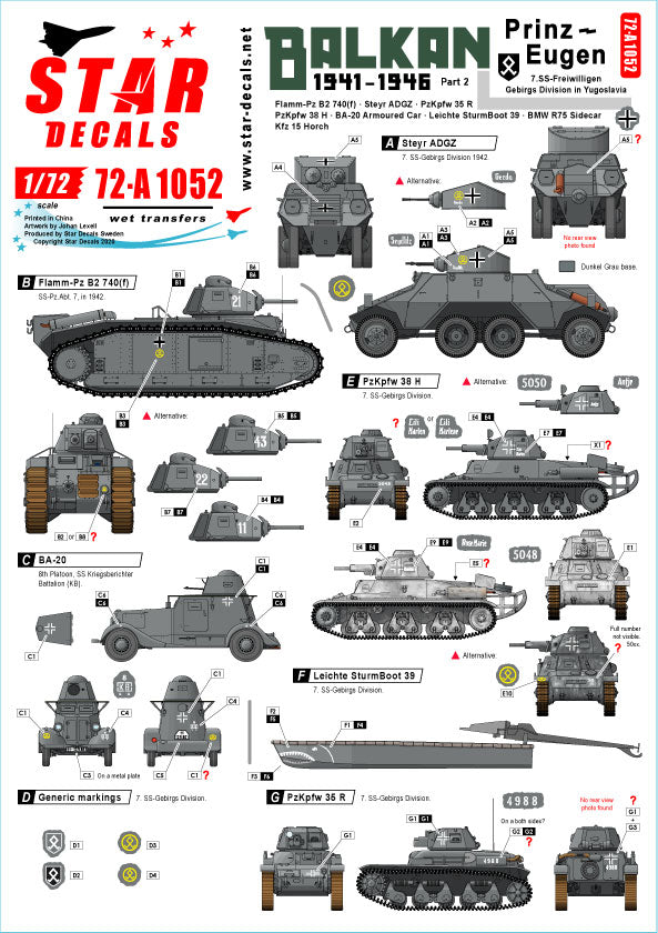 Star Decals 72-A1052 1:72 Balkan WW2 # 2