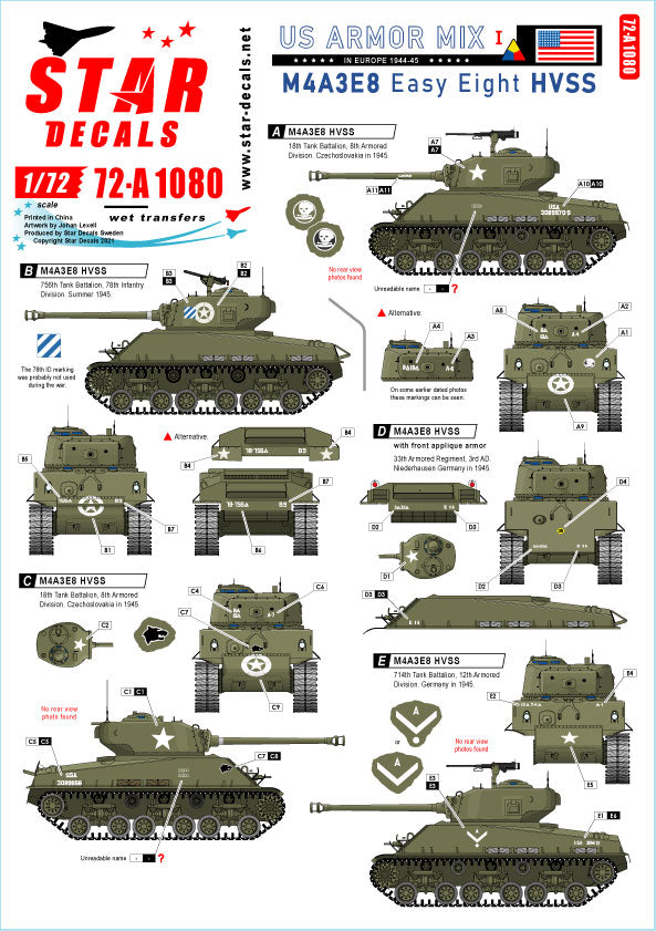 Star Decals 72-A1080 1:72 US Armor Mix # 1