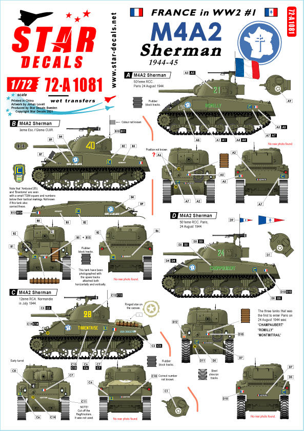 Star Decals 72-A1081 1:72 French M4A2 Sherman