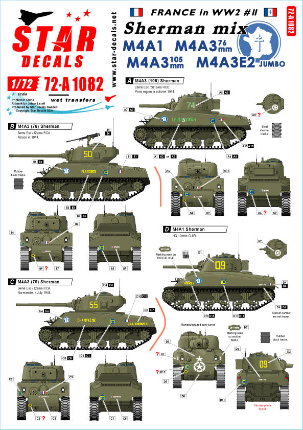 Star Decals 72-A1082 1:72 French Sherman Mix