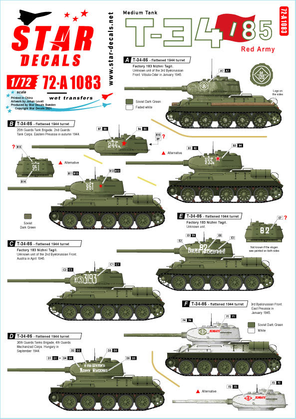 Star Decals 72-A1083 1:72 Soviet T-34-85 Red Army
