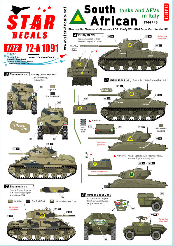 Star Decals SA Tanks Italy Sherman IIA Firefly M3A1 Scout Car 1:72