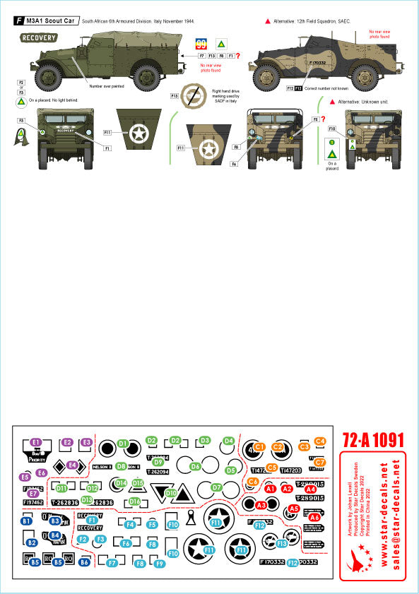 Star Decals SA Tanks Italy Sherman IIA Firefly M3A1 Scout Car 1:72