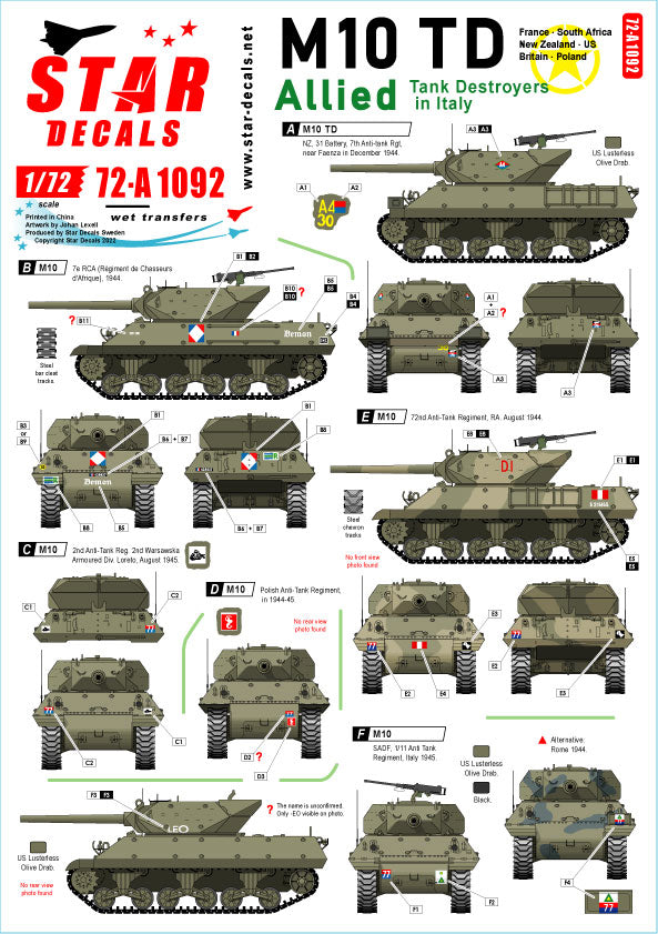 Star Decals 72-A1092 1:72 Allied Tank Destroyers in Italy
