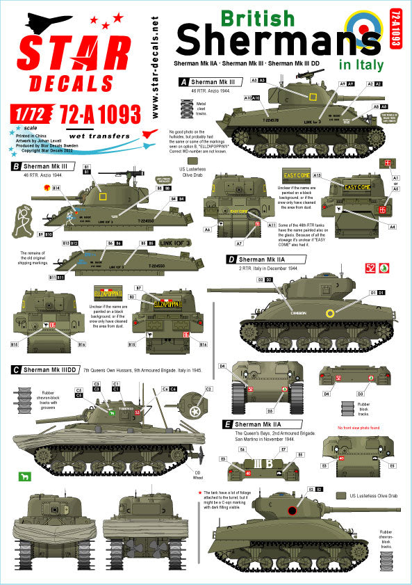Star Decals 72-A1093 1:72 British Shermans in Italy