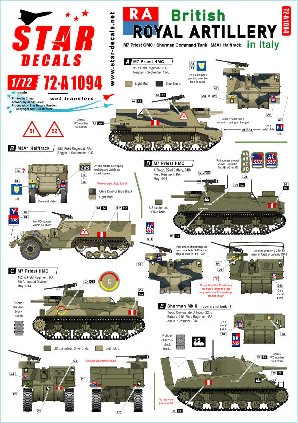 Star Decals 72-A1094 1:72 British Royal Artillery in Italy