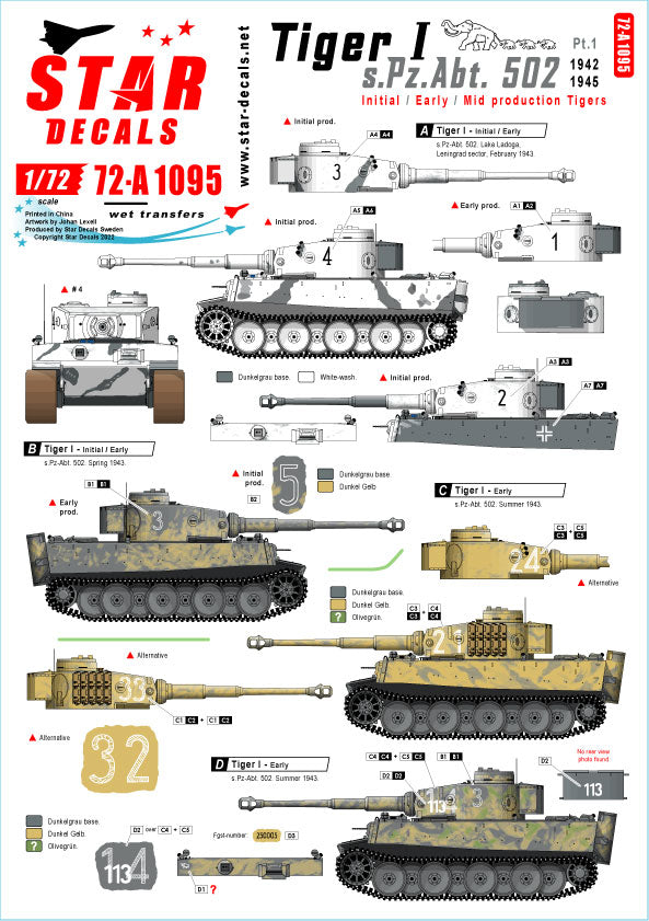 Star Decals 72-A1095 1:72 Pz.Kpfw.VI Tiger I sPzAbt 502 # 1
