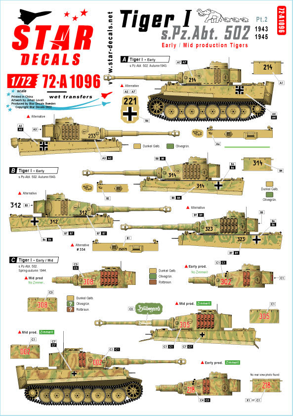 Star Decals 72-A1096 1:72 Pz.Kpfw.VI Tiger I sPzAbt 502 # 2
