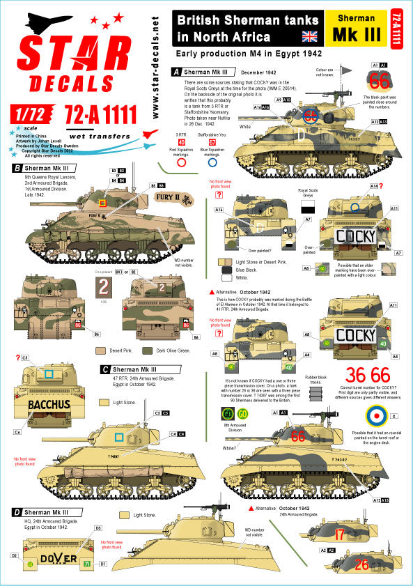 Star Decals 72-A1111 1:72 British Sherman tanks in North Africa