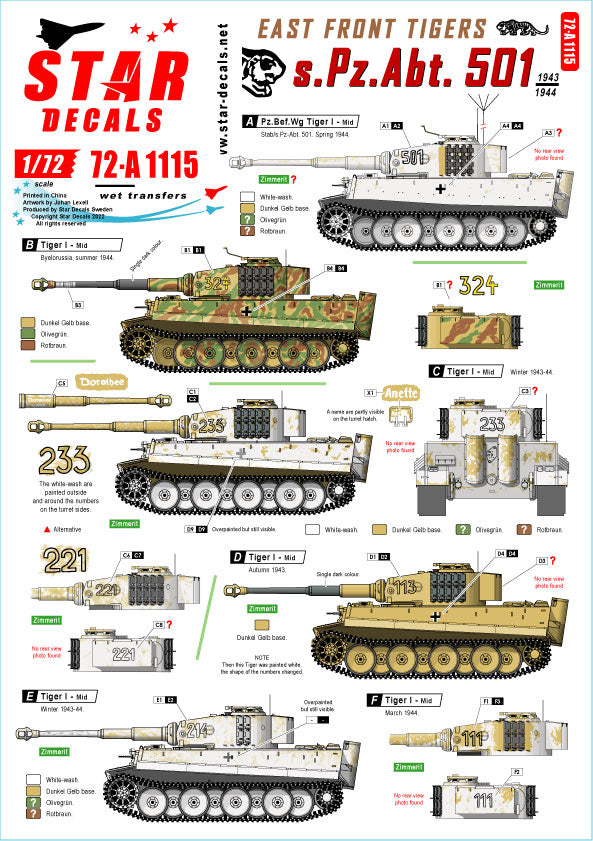 Star Decals 72-A1115 1:72 East Front Tigers s.Pz.Abt