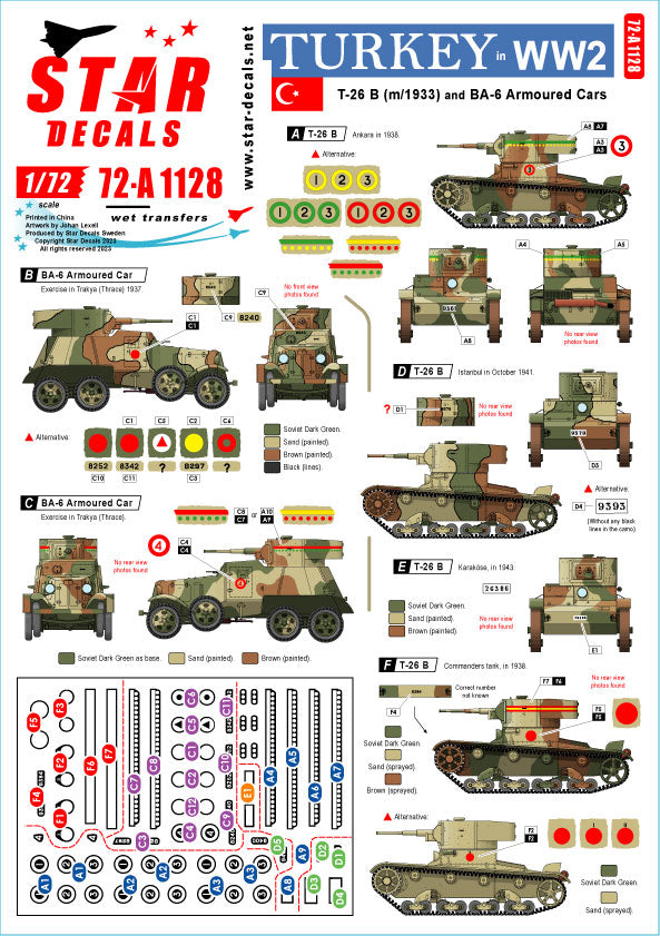 Star Decals 72-A1128 1:72 Turkey in WW2 T-26 B tanks and BA-6 armoured cars