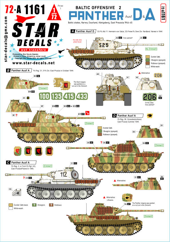 Star Decals 72-A1161 1:72 Pz.Kpfw.VI Ausf.D & Ausf.A Panther Baltic Offensive #2