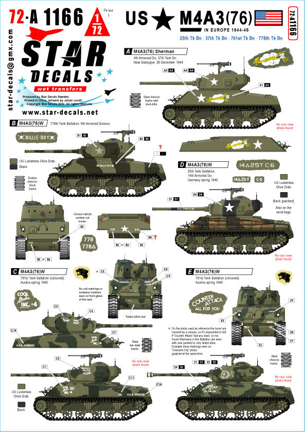 Star Decals 72-A1166 1:72 US M4A3