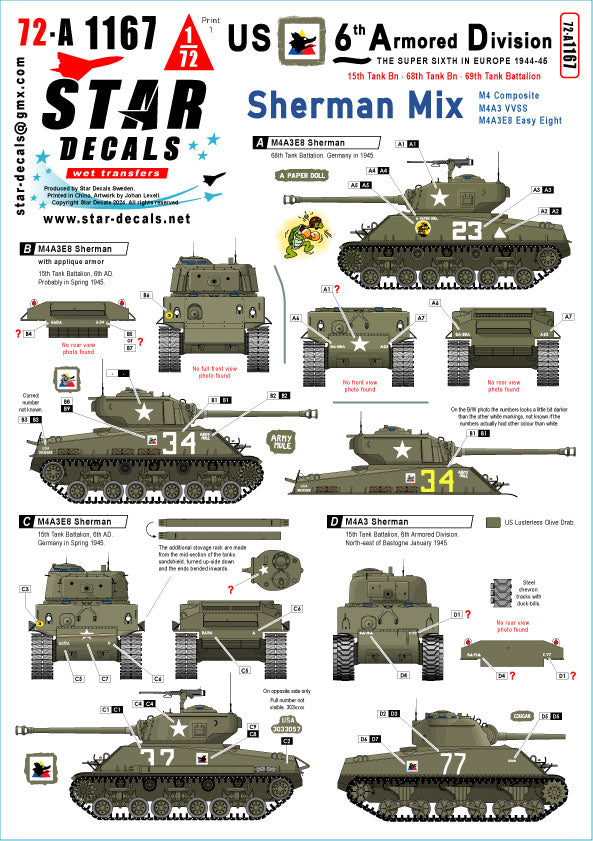 Star Decals 72-A1167 1:72 US 6th Armored Division # 1