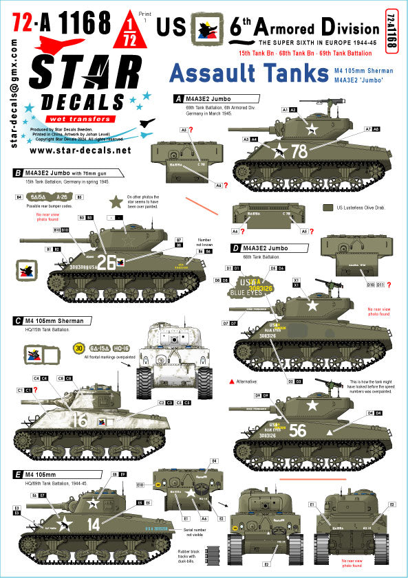 Star Decals 72-A1168 1:72 US 6th Armored Division # 2