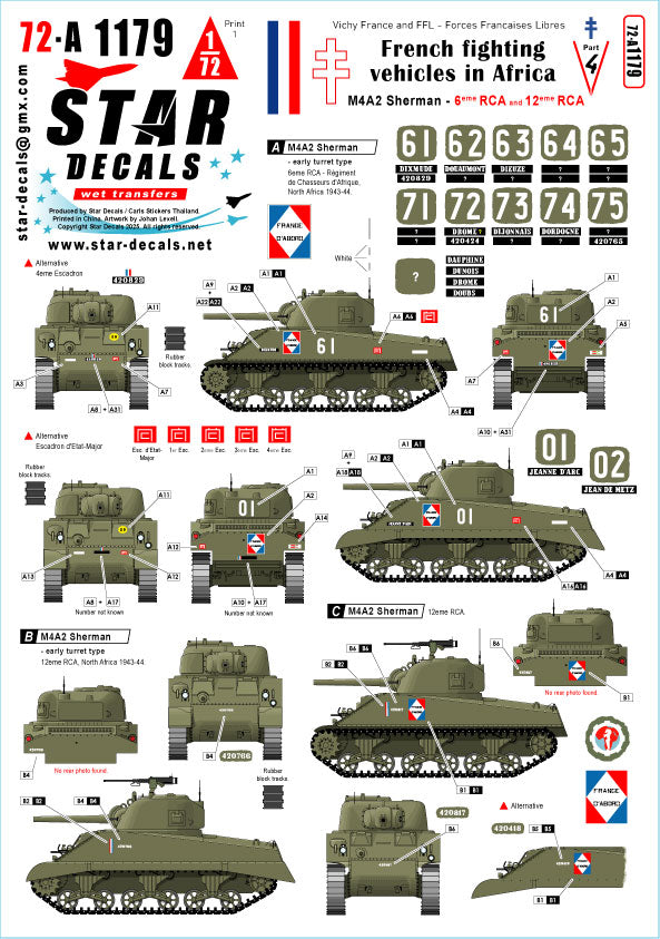 Star Decals 72-A1179 1:72 French M4A2 Sherman