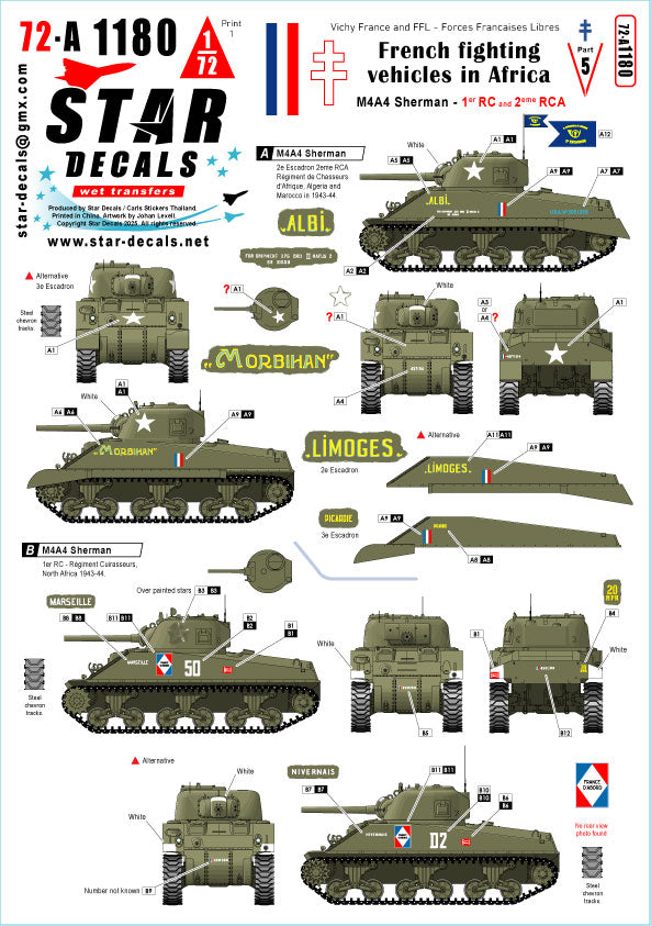 Star Decals 72-A1180 1:72 French M4A4 Sherman