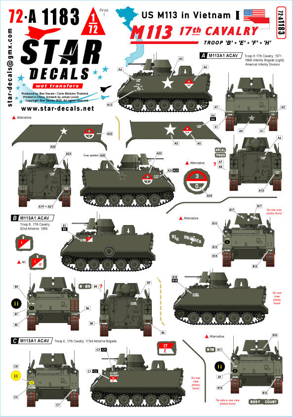 Star Decals 72-A1183 1:72 Vietnam M113 T-54 and T-55 tanks