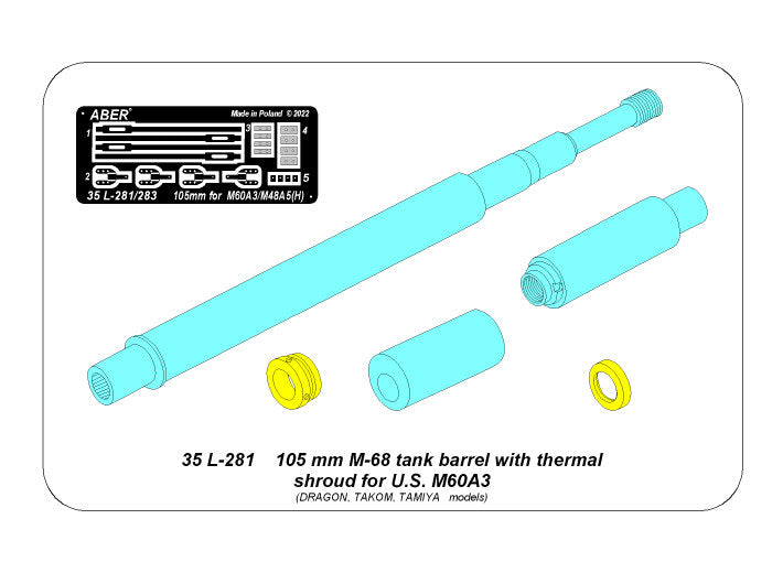 Aber ABR35L281 1:35 105mm M-68 barrel with thermal shroud for M60A-3 Tank