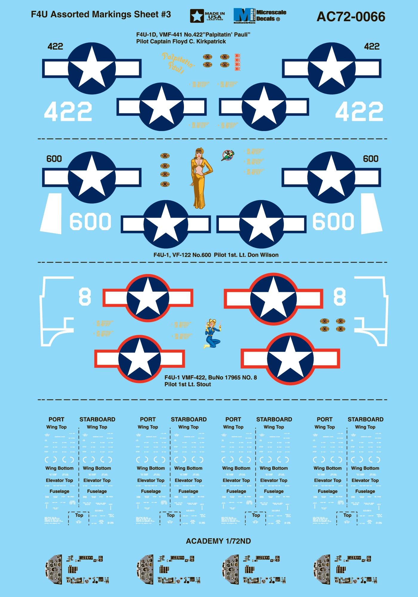 Microscale AC720066 1:72 Vought F4U Assorted Markings Sheet #3