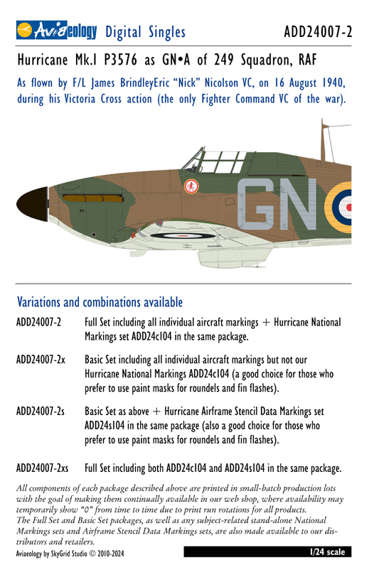 Aviaeology ADD24007-2X 1:24 Hawker Hurricane Mk.I P3576 249 Sqn RAF