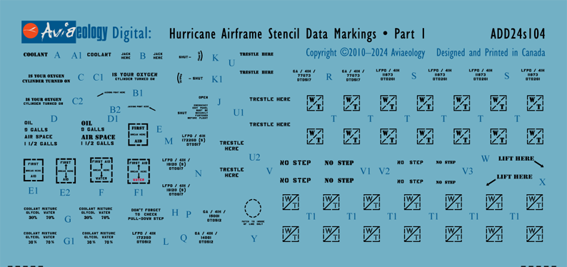 Aviaeology ADD24S104 1:24 Hawker Hurricane airframe stencil/data marking