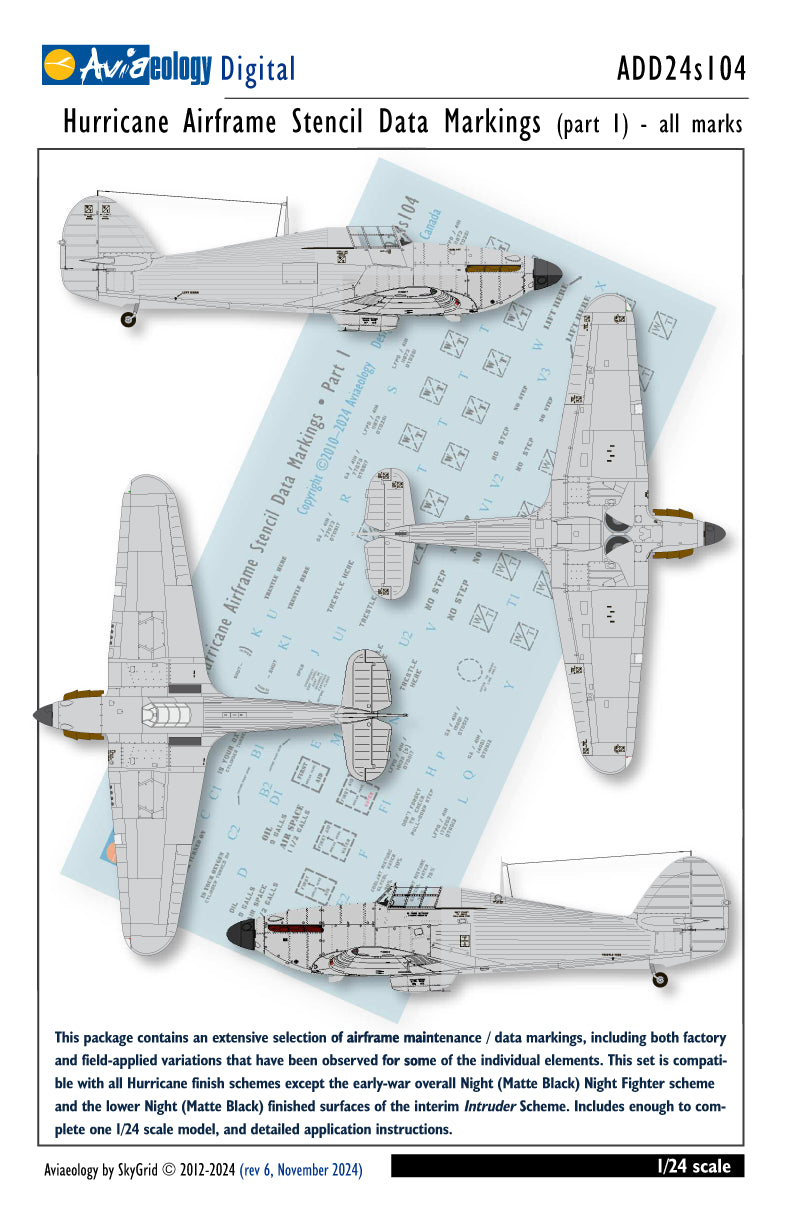 Aviaeology ADD24S104 1:24 Hawker Hurricane airframe stencil/data marking