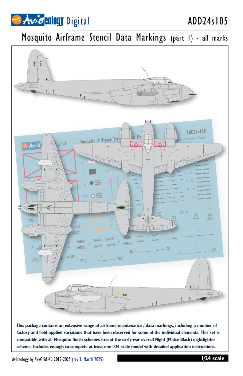 Aviaeology ADD24S105 1:24 de Hailand Mosquito airframe stencil/data marking
