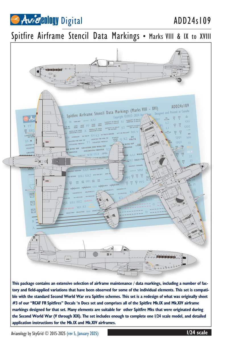 Aviaeology ADD24S109 1:24 Supermarine Spitfire airframe stencil/data