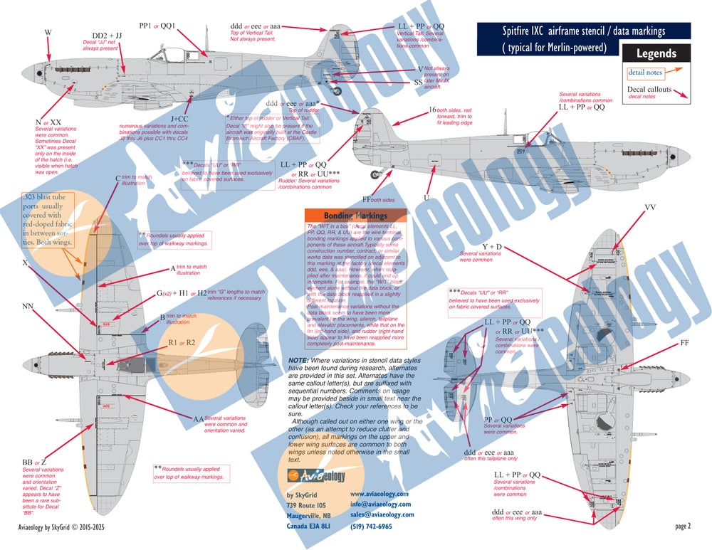 Aviaeology ADD24S109 1:24 Supermarine Spitfire airframe stencil/data