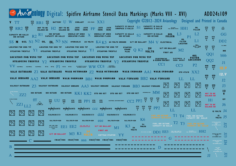 Aviaeology ADD24S109 1:24 Supermarine Spitfire airframe stencil/data