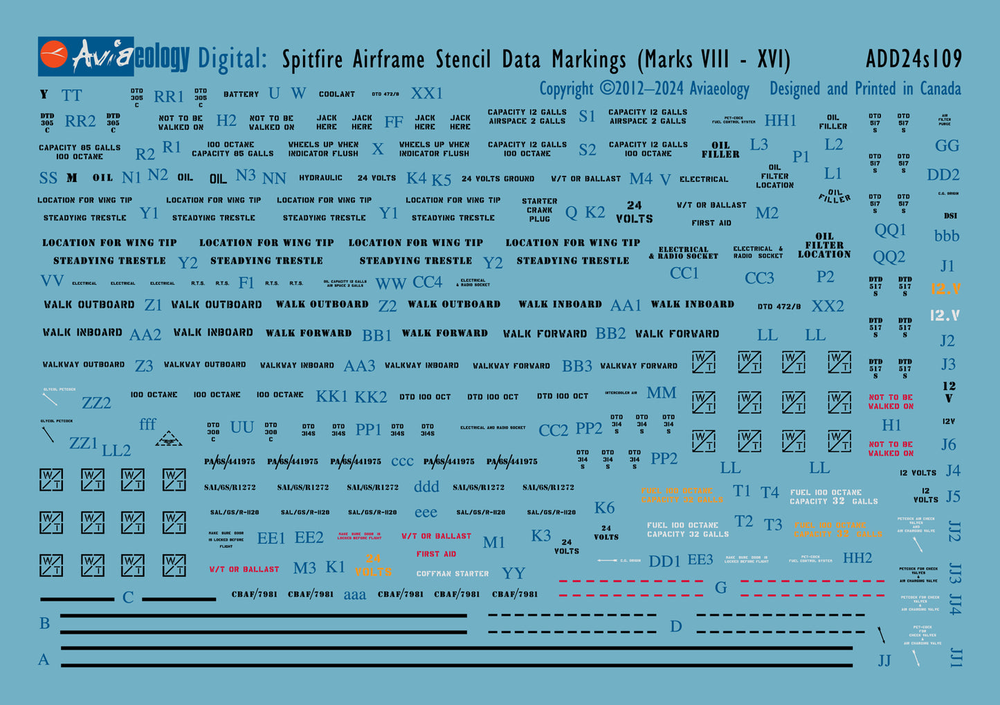 Aviaeology ADD24S109 1:24 Supermarine Spitfire airframe stencil/data