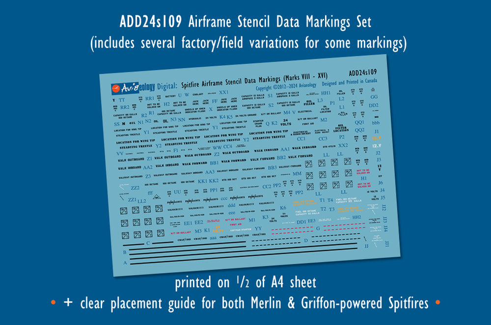 Aviaeology ADD24S109 1:24 Supermarine Spitfire airframe stencil/data