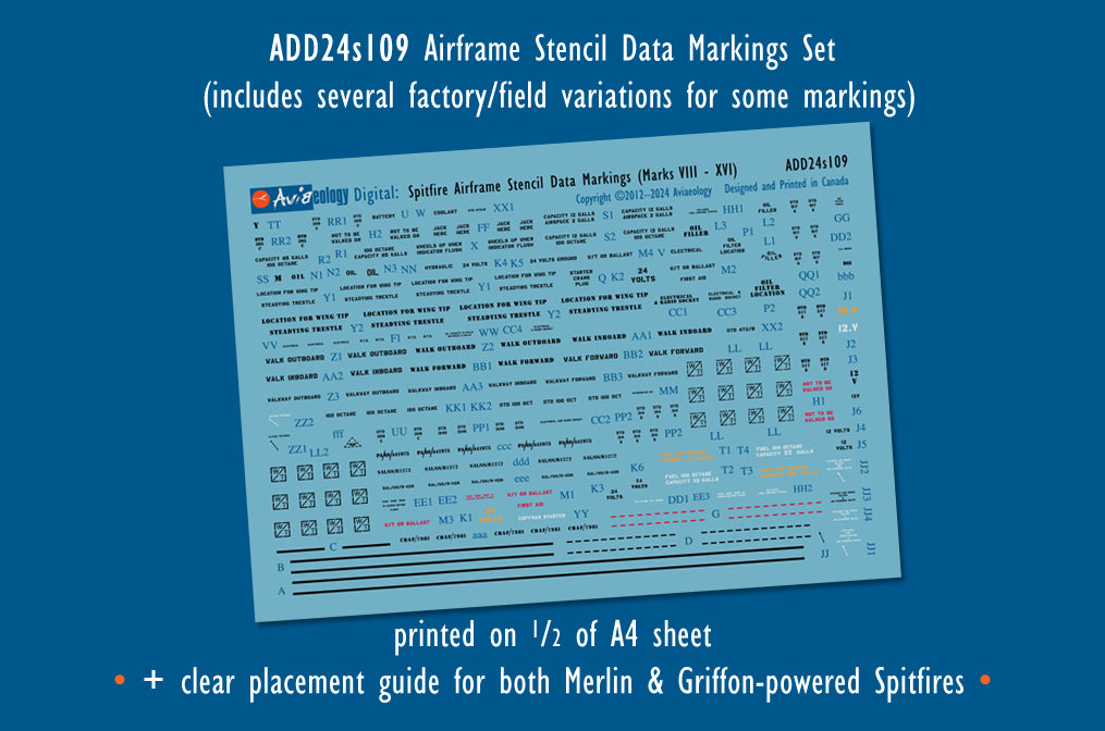 Aviaeology ADD24S109 1:24 Supermarine Spitfire airframe stencil/data