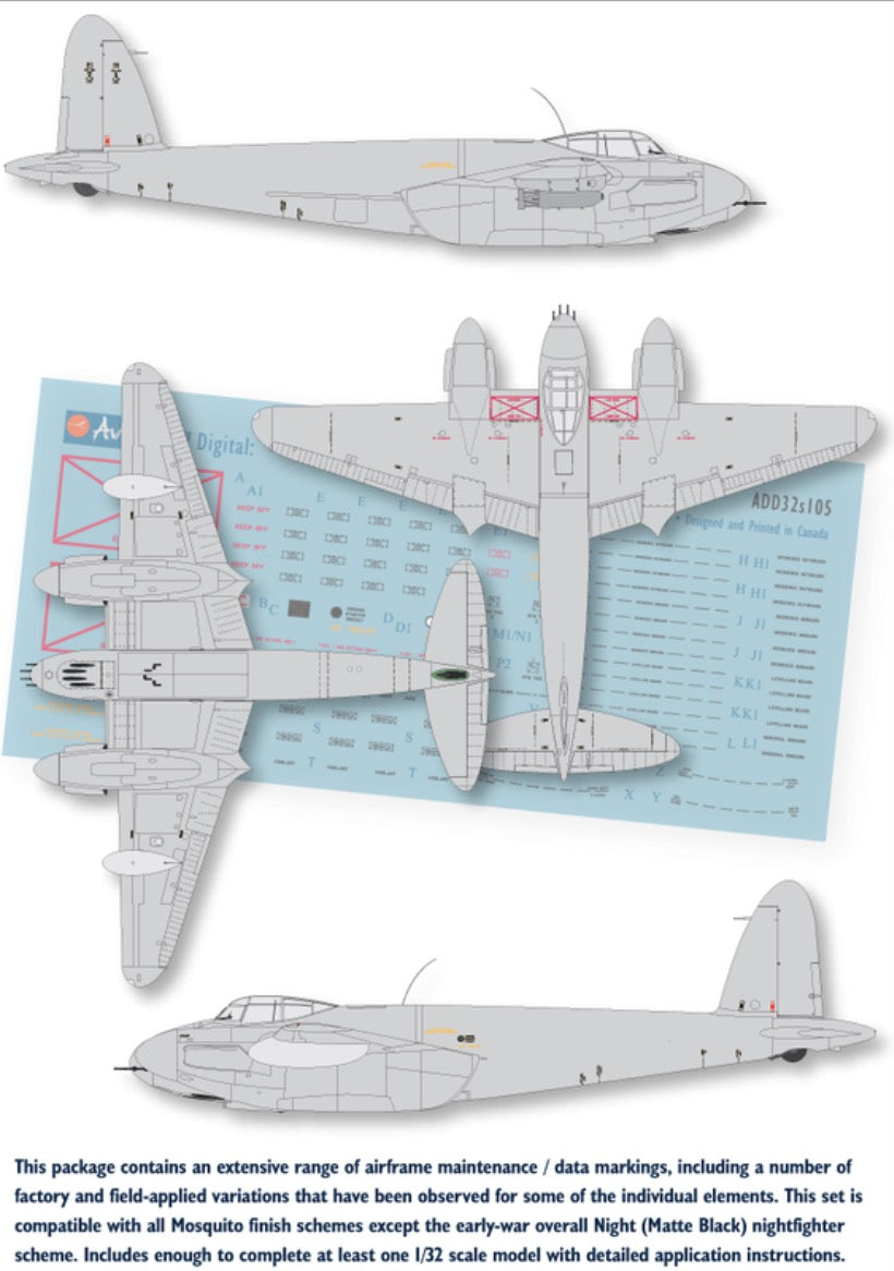 Aviaeology ADD32S105 1:32 de Havilland Mosquito airframe stencil/data marking