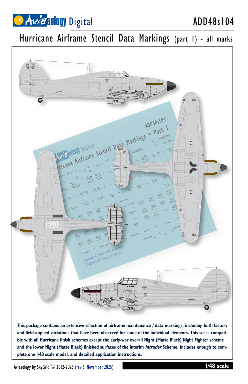 Aviaeology ADD48S104 1:48 Hawker Hurricane airframe stencil/data marking