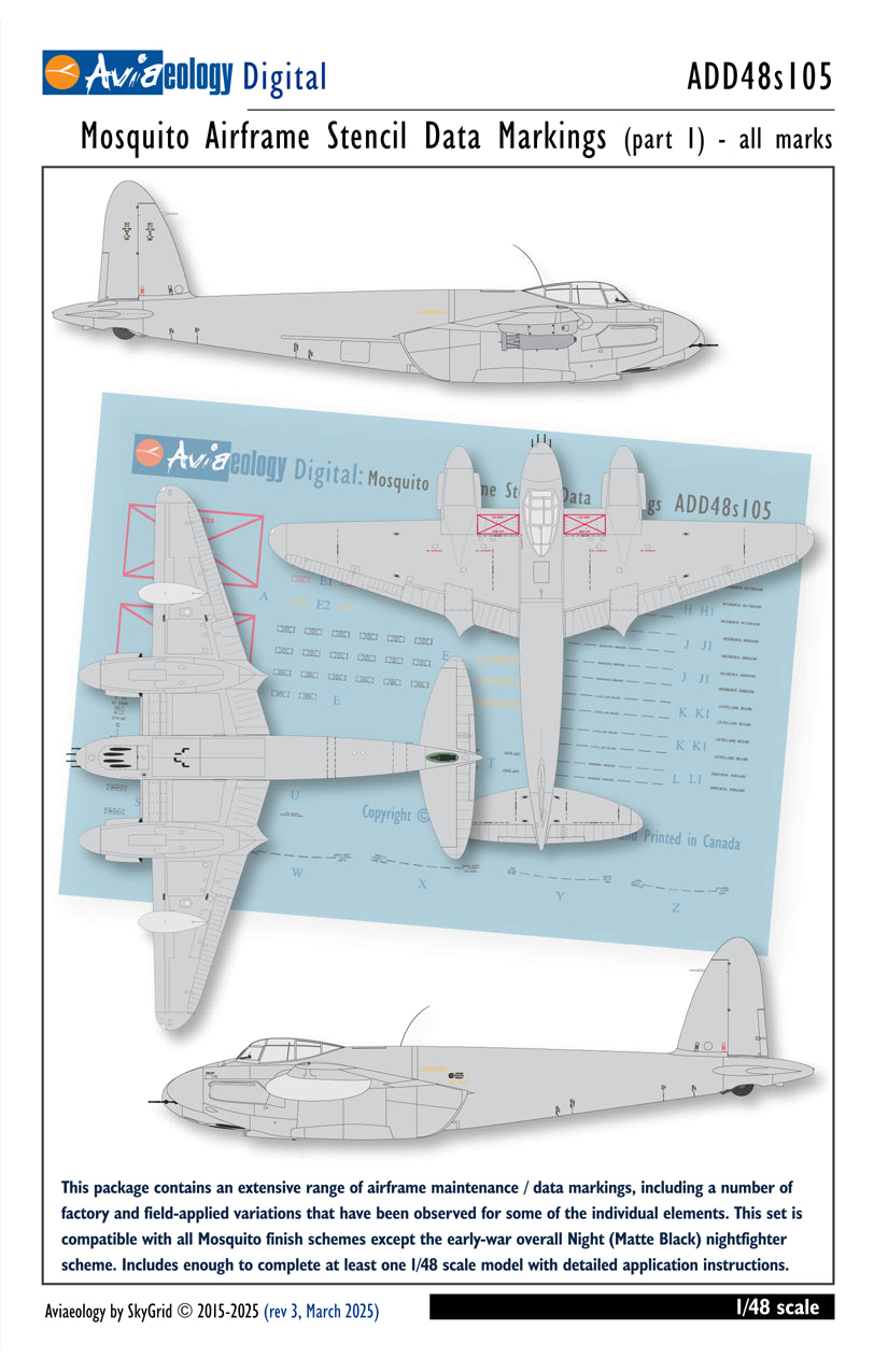Aviaeology ADD48S105 1:48 de Havilland Mosquito airframe stencil/data marking