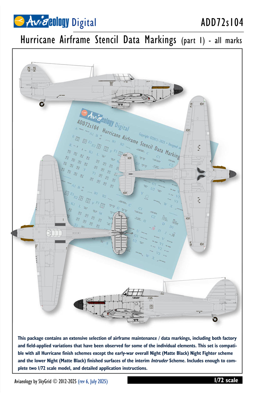 Aviaeology ADD72S104 1:72 Hawker Hurricane Airframe Stencil Data