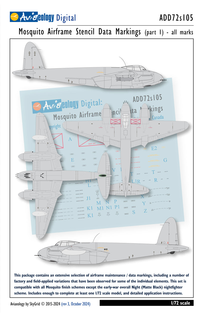Aviaeology ADD72S105 1:72 de Havilland Mosquito Airframe Stencil Data