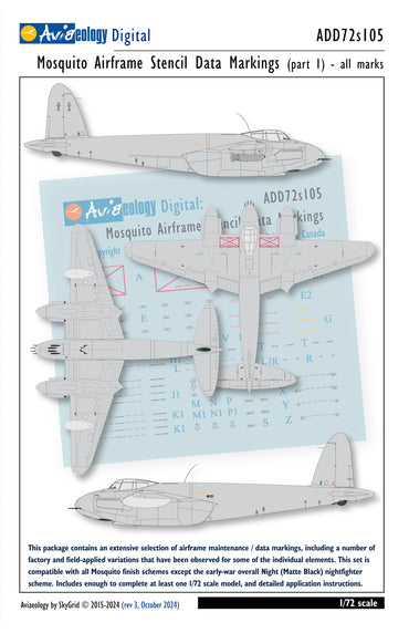 Aviaeology ADD72S105 1:72 de Havilland Mosquito Airframe Stencil Data