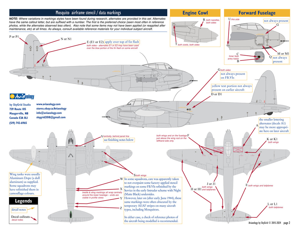 Aviaeology ADD72S105 1:72 de Havilland Mosquito Airframe Stencil Data