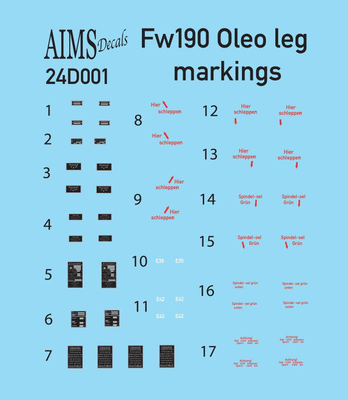 Aims AIMS24D001 1:24 Focke-Wulf Fw-190A-5/Fw-190A-6 Oleo leg stencils