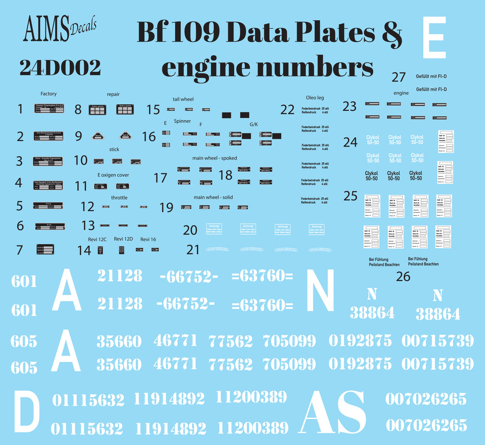 Aims AIMS24D002 1:24 Messerschmitt Bf-109 Data Plates and engine numbers