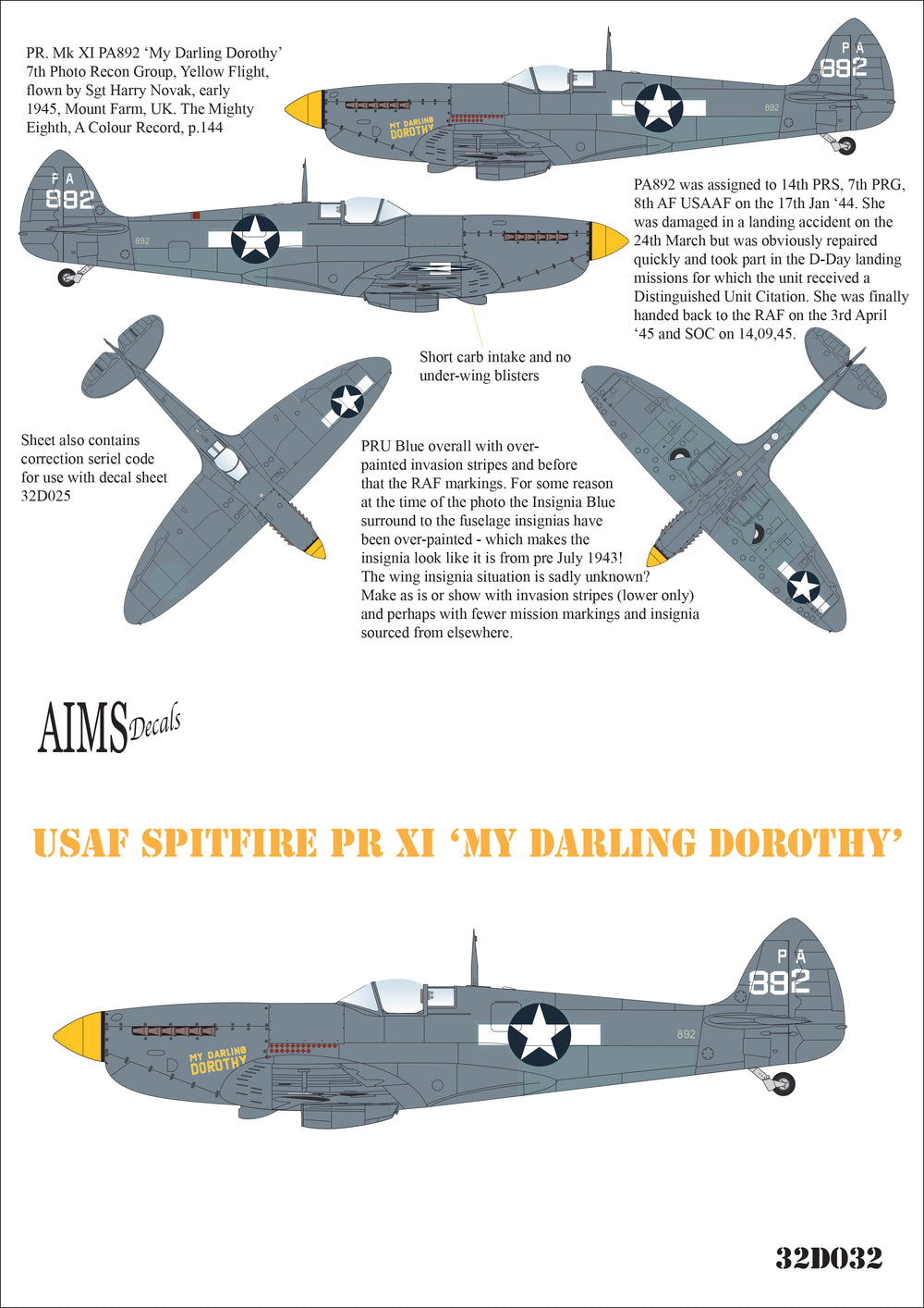 Aims AIMS32D032 1:32 Supermarine Spitfire PR Mk.XI USAF Decals