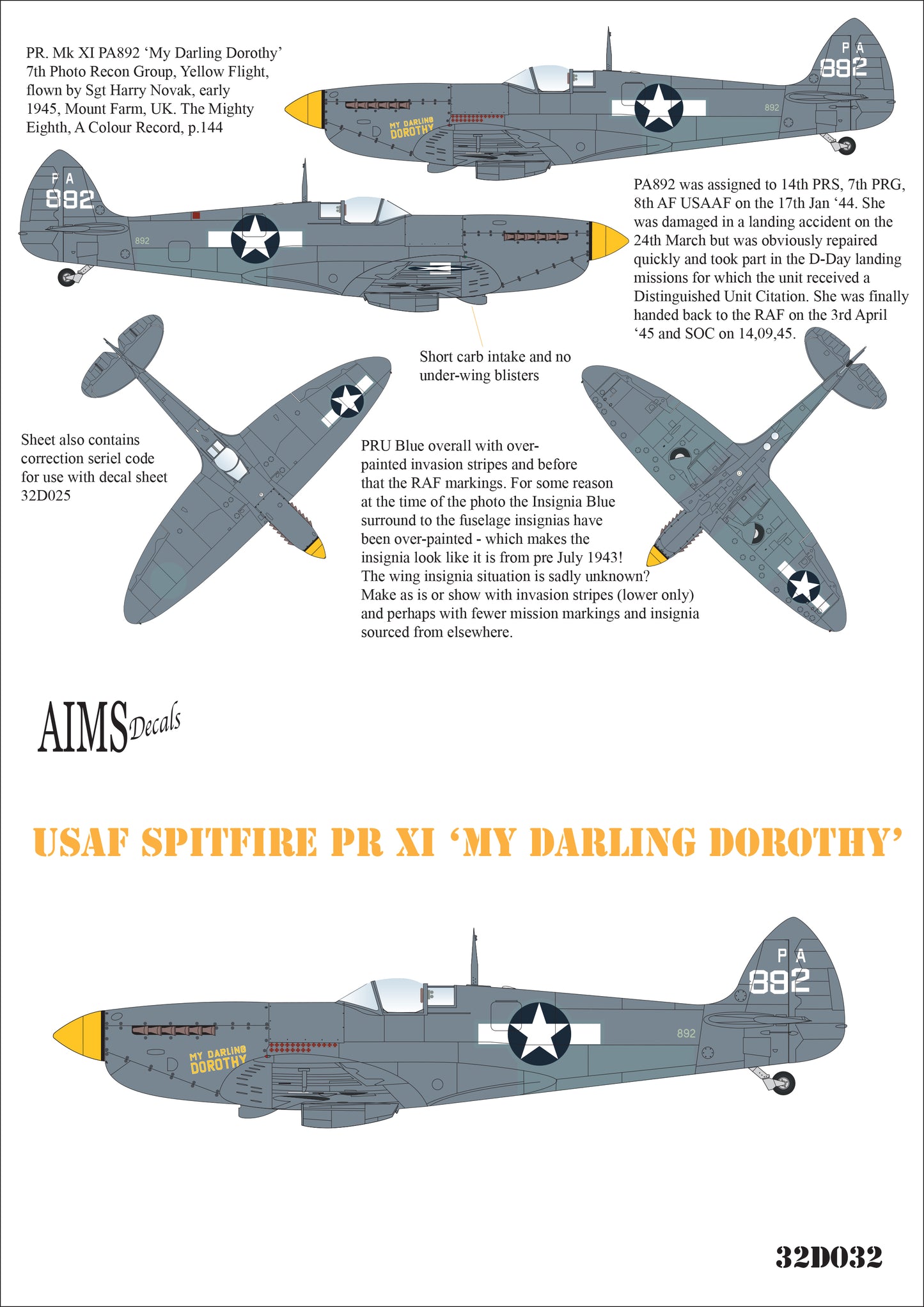 Aims AIMS32D032 1:32 Supermarine Spitfire PR Mk.XI USAF Decals